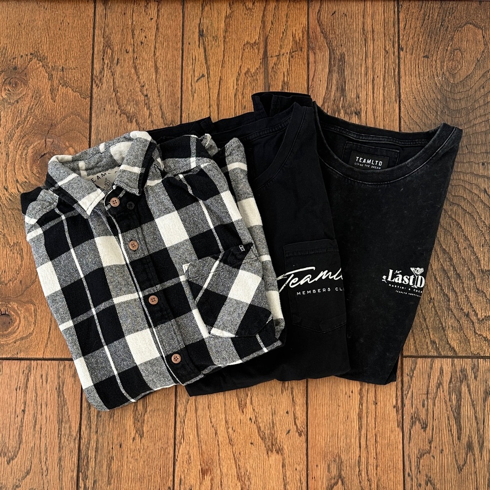 Team LTD Black Cotton Graphic Tee & Black-White Plaid Shirt Bundle